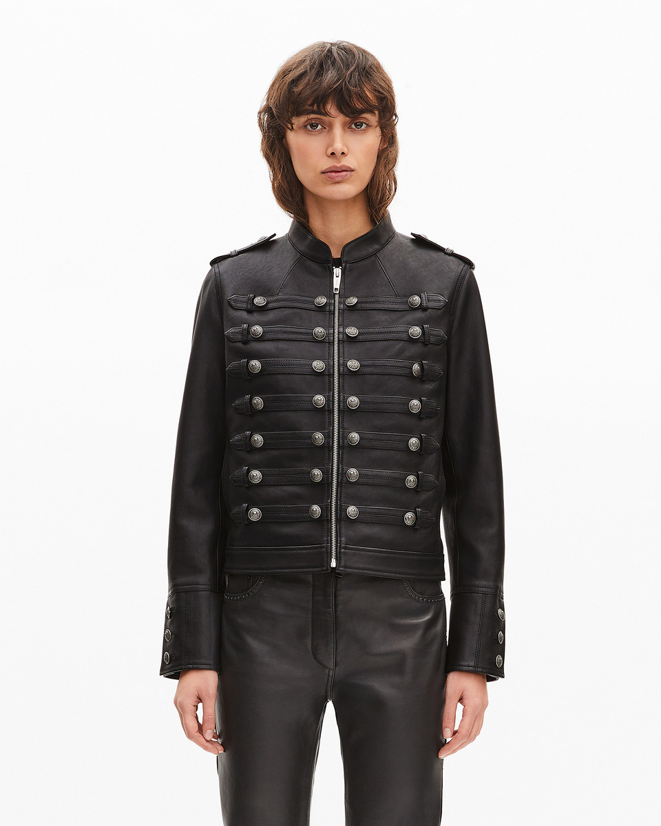 Black officer-style leather jacket