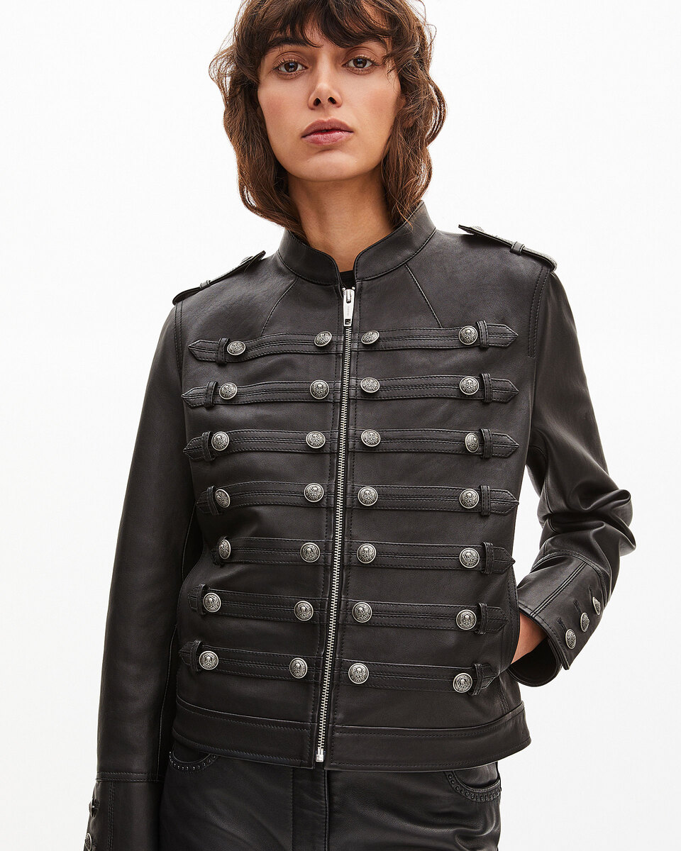 Black officer-style leather jacket