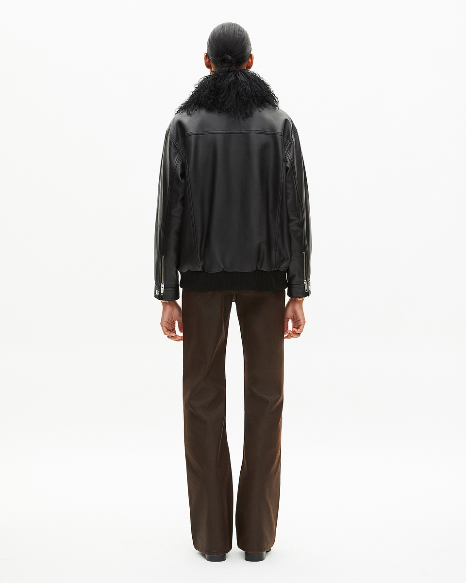 Leather jacket with removable fur collar, black