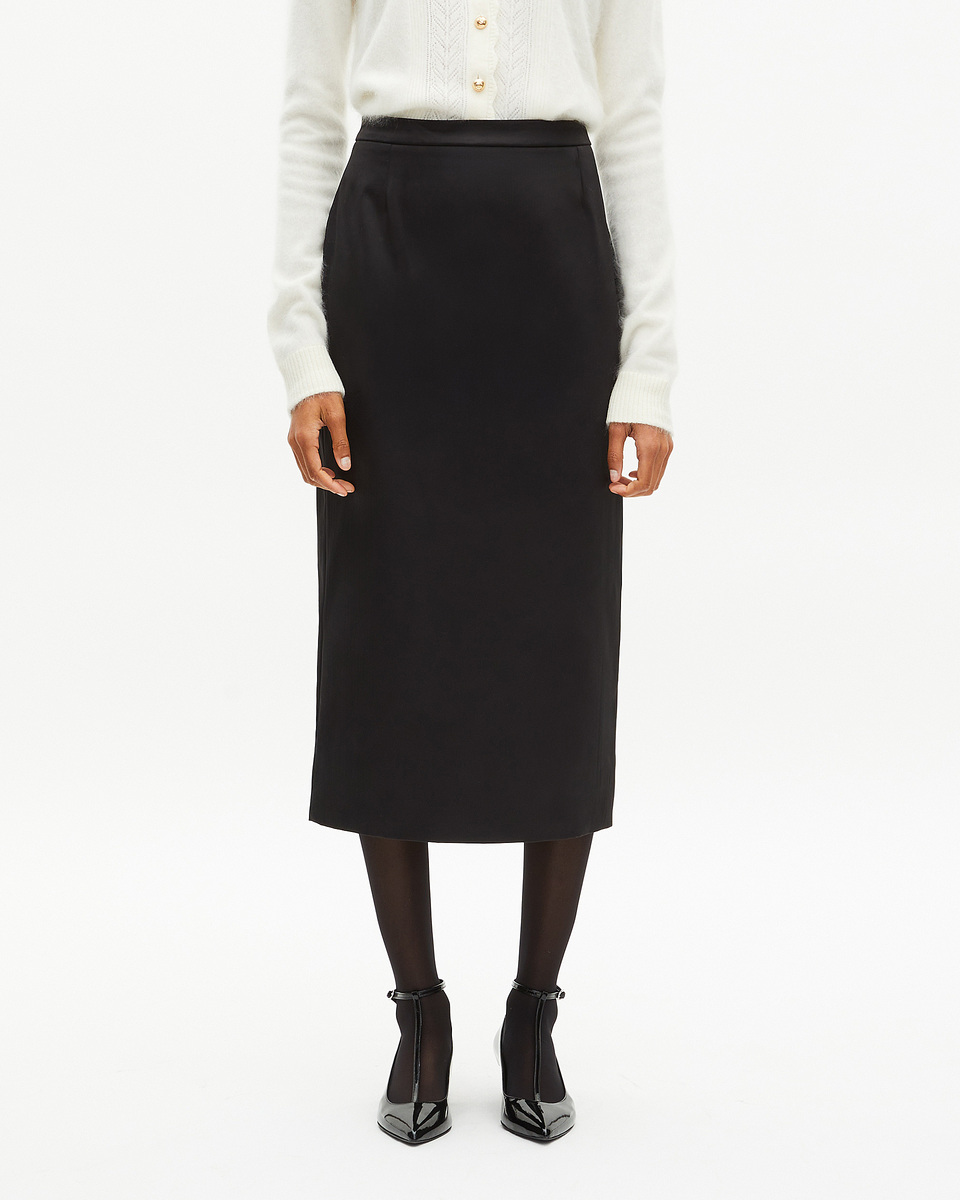 Long black satin pencil skirt