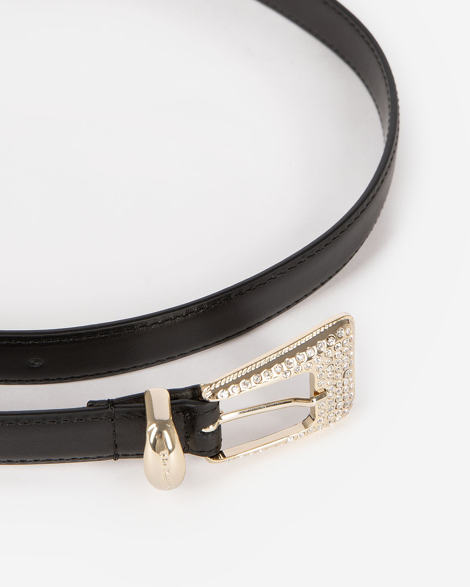 Black leather western buckle belt in gold with rhinestones