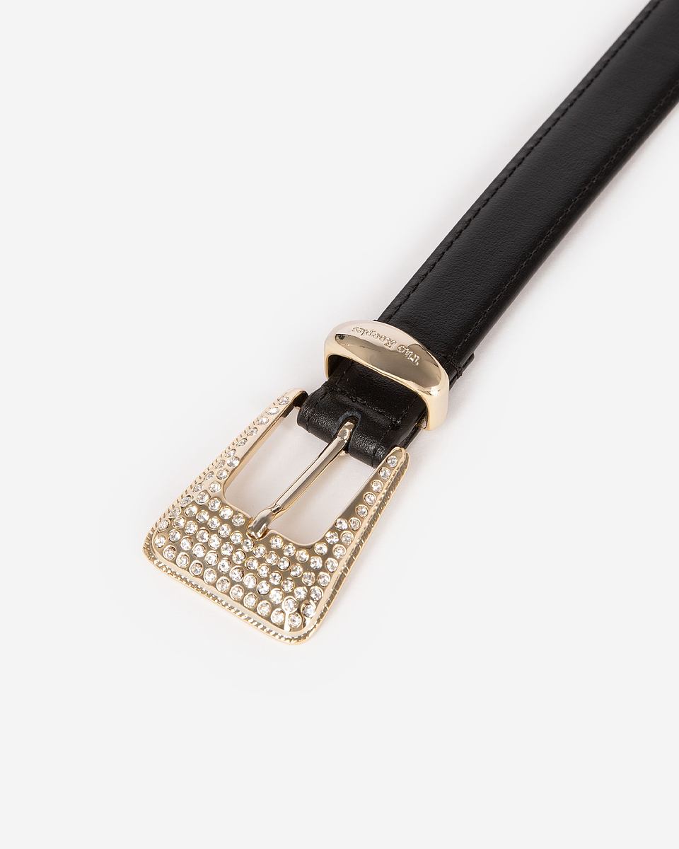 Black leather western buckle belt in gold with rhinestones