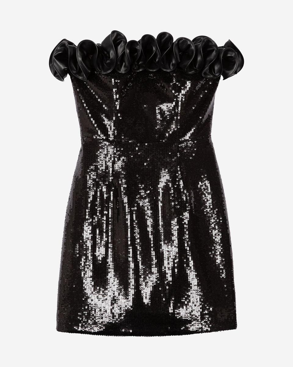Short strapless sequin dress with leather-effect detail in black