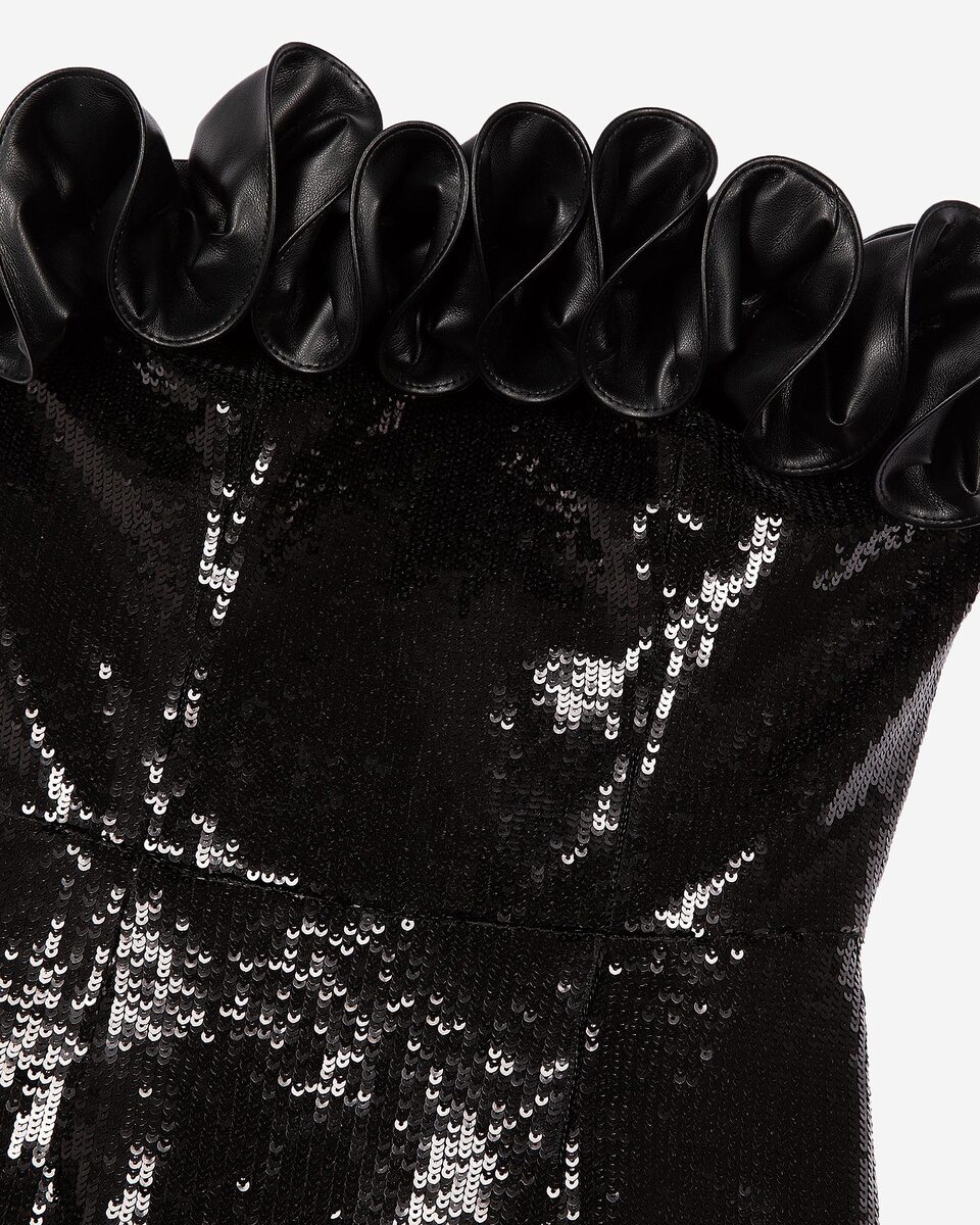 Short strapless sequin dress with leather-effect detail in black