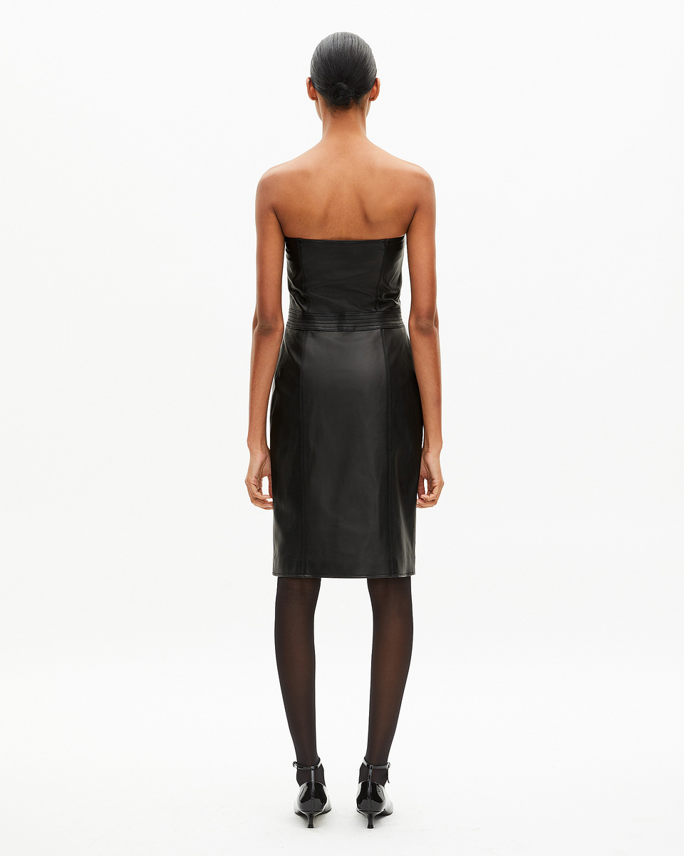 Short strapless black leather dress