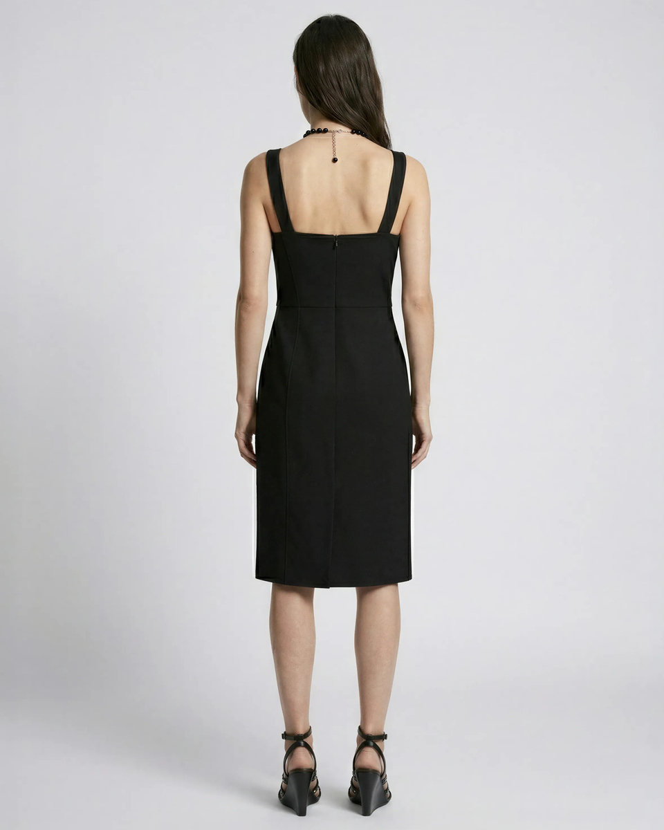 Corset-effect short dress in black wool