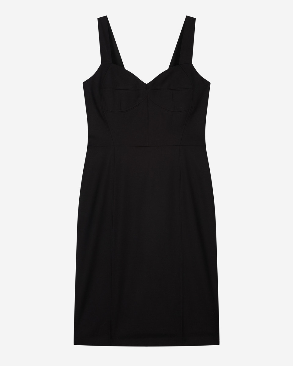 Corset-effect short dress in black wool