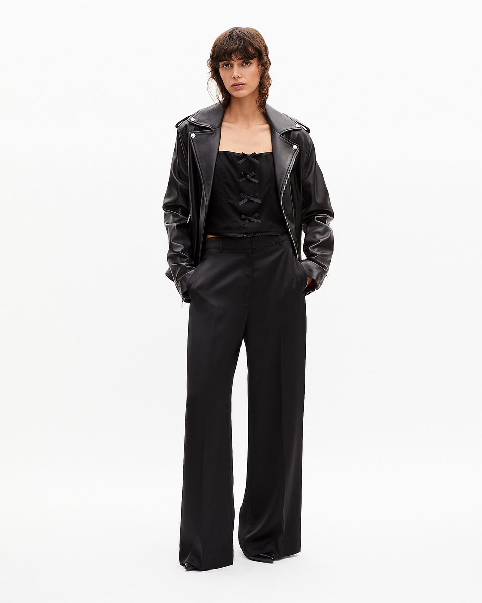 Black satin wide-leg pants