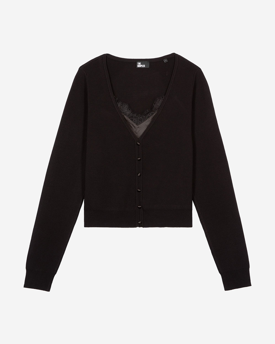Trompe l'oeil effect sweater with black lace