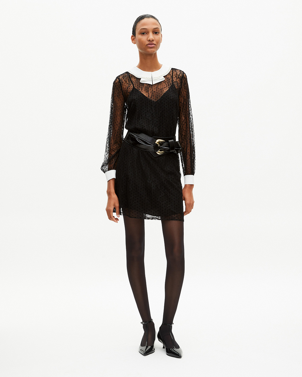 Short dress in black plumetis lace and rhinestones