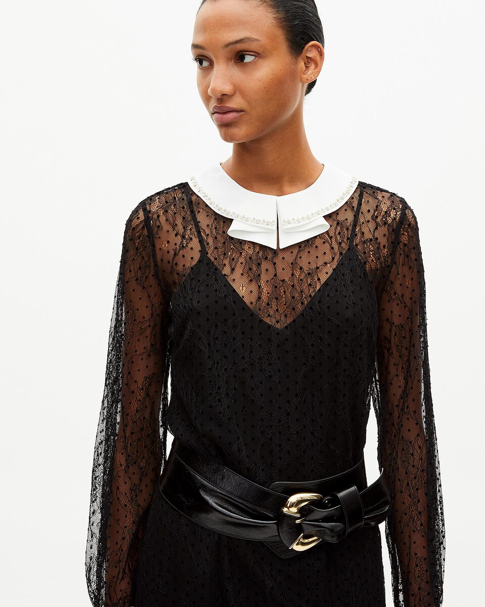 Short dress in black plumetis lace and rhinestones
