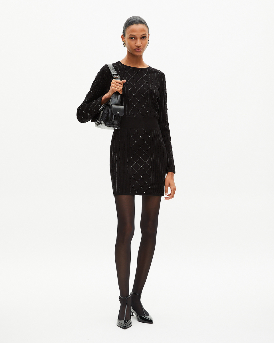 Short knitted dress with rhinestones and pearls, black