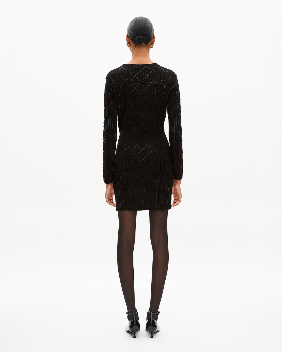 Short knitted dress with rhinestones and pearls, black