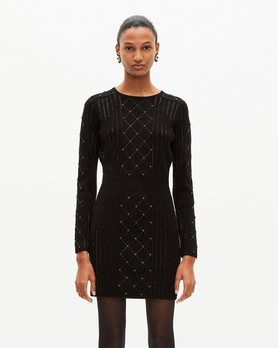 Short knitted dress with rhinestones and pearls, black