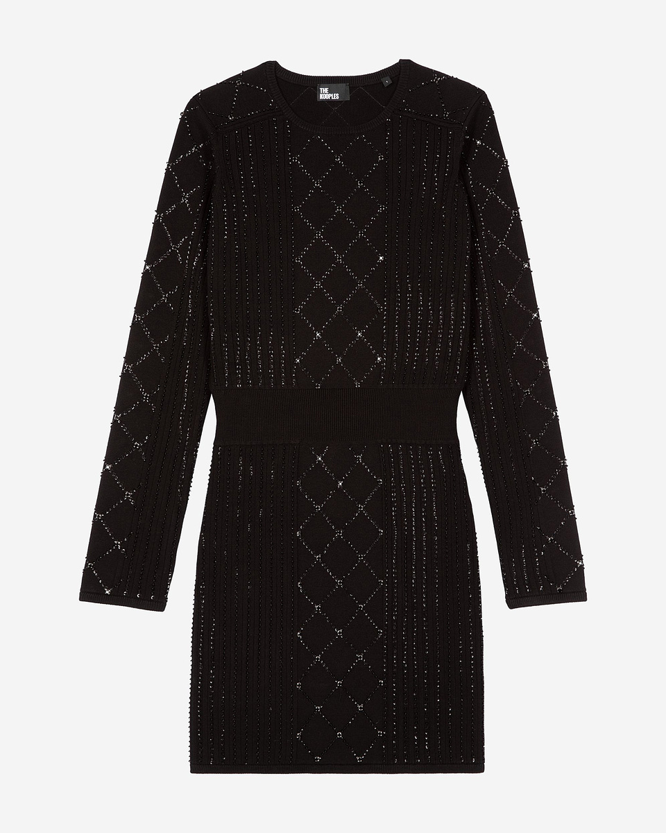 Short knitted dress with rhinestones and pearls, black