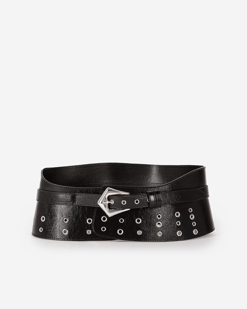Black leather corset belt with eyelets