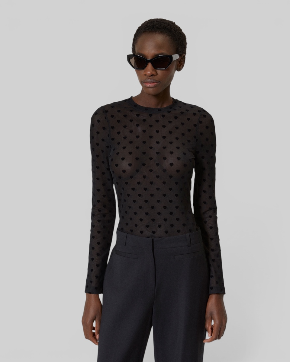 Black hearts flocked mesh long-sleeve T-shirt