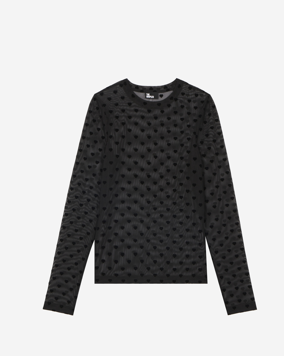 Black hearts flocked mesh long-sleeve T-shirt