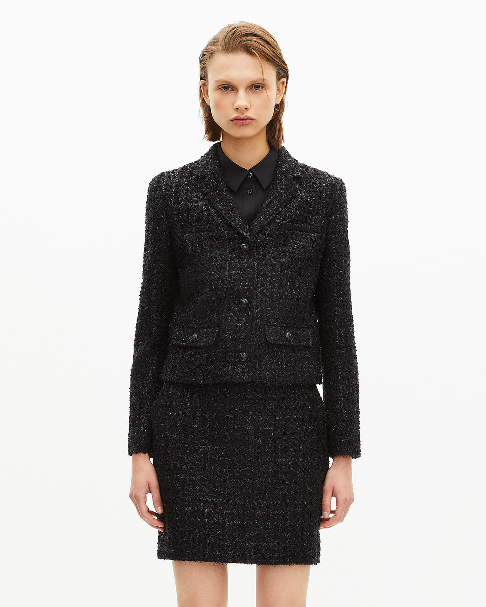 Short jacket in shiny black tweed
