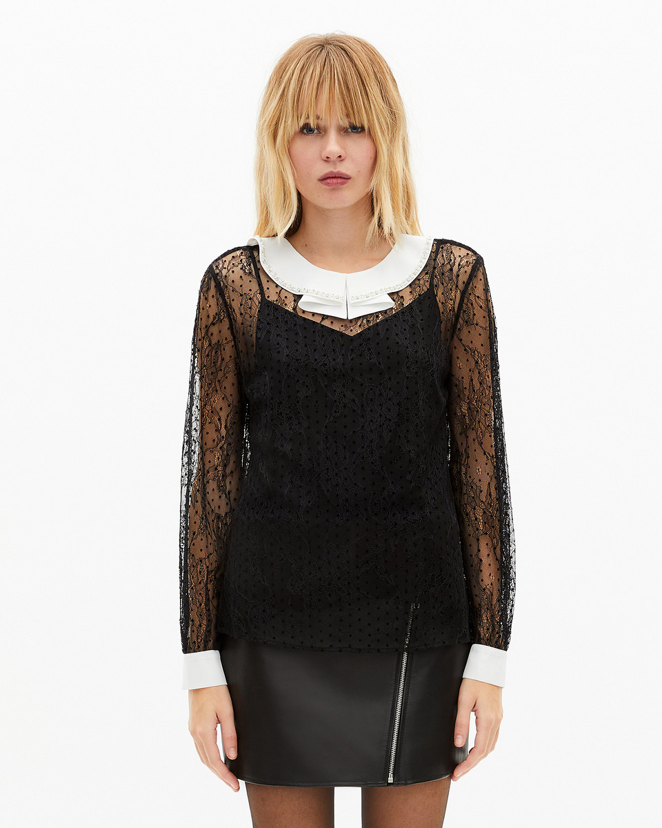 Plumetis lace top with black rhinestones