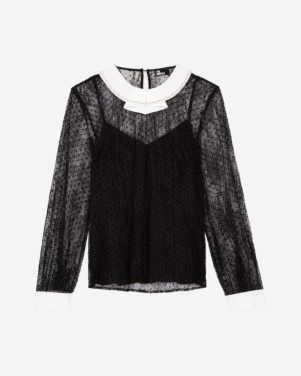 Plumetis lace top with black rhinestones