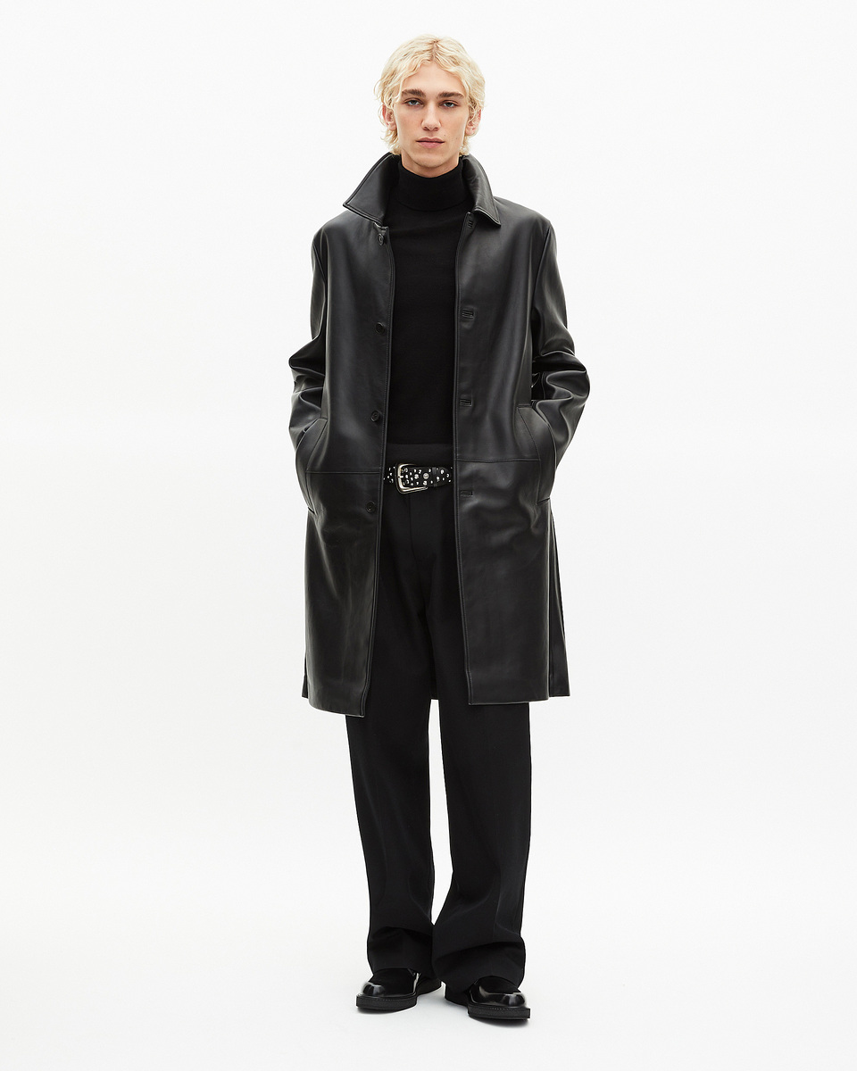 Black leather mid-length coat