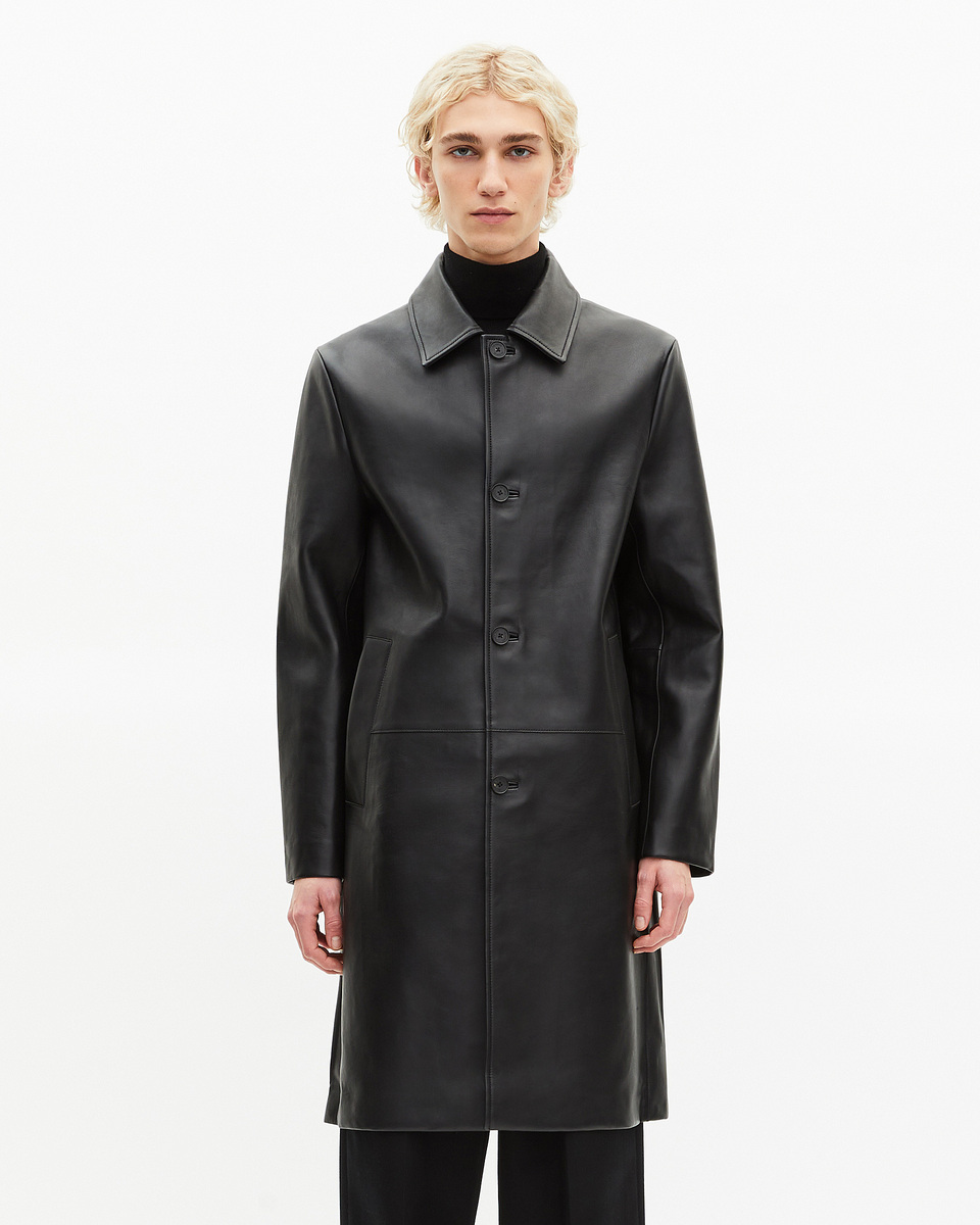 Black leather mid-length coat