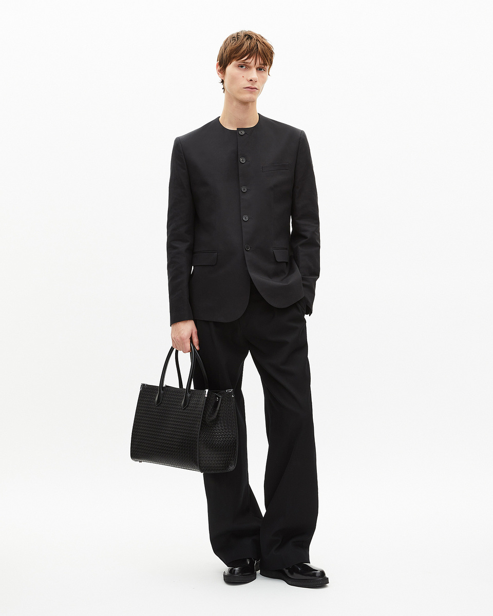 Black collarless jacket