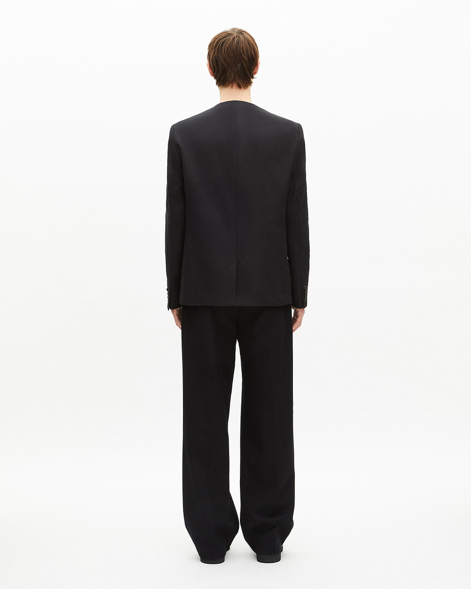 Black collarless jacket