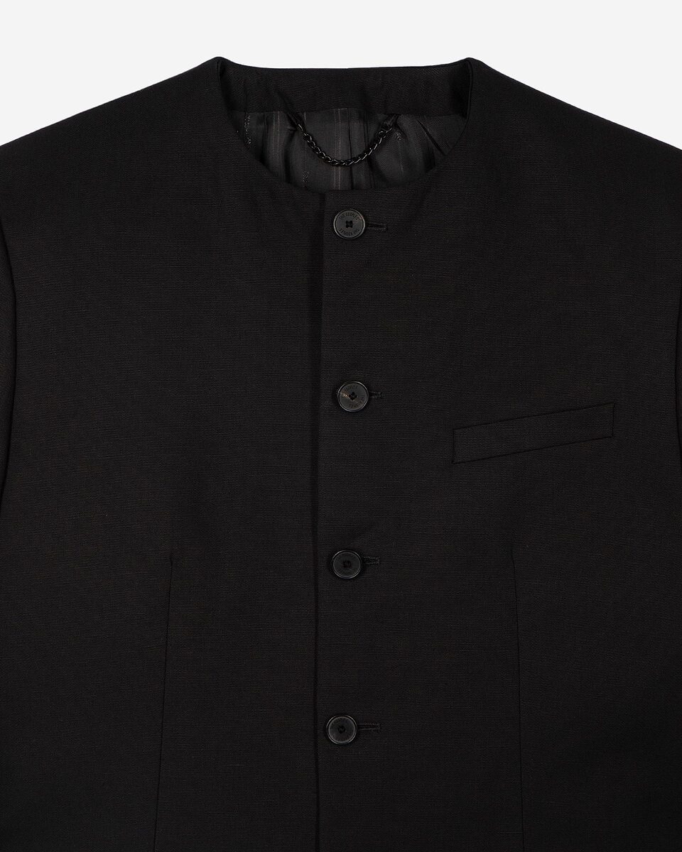 Black collarless jacket