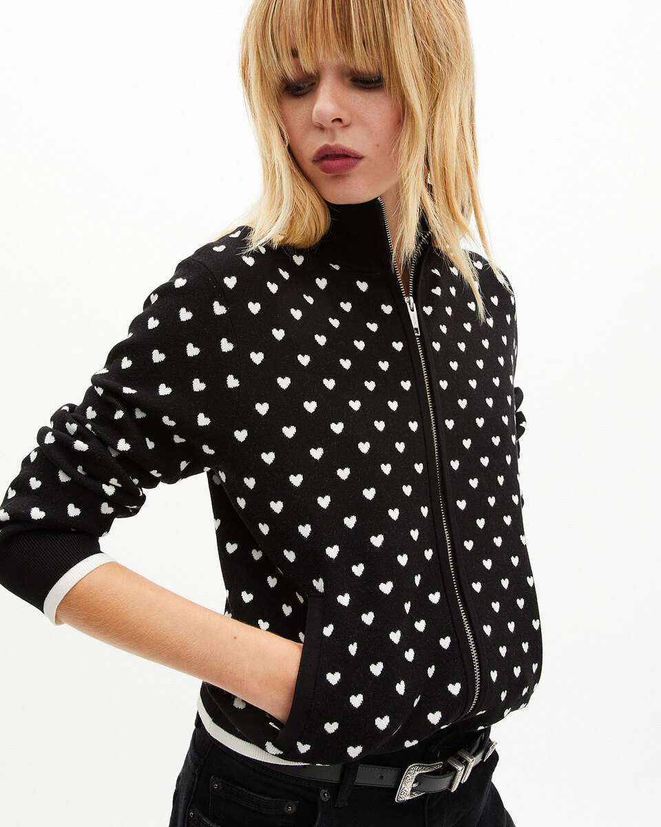 Black heart-print zipped cardigan