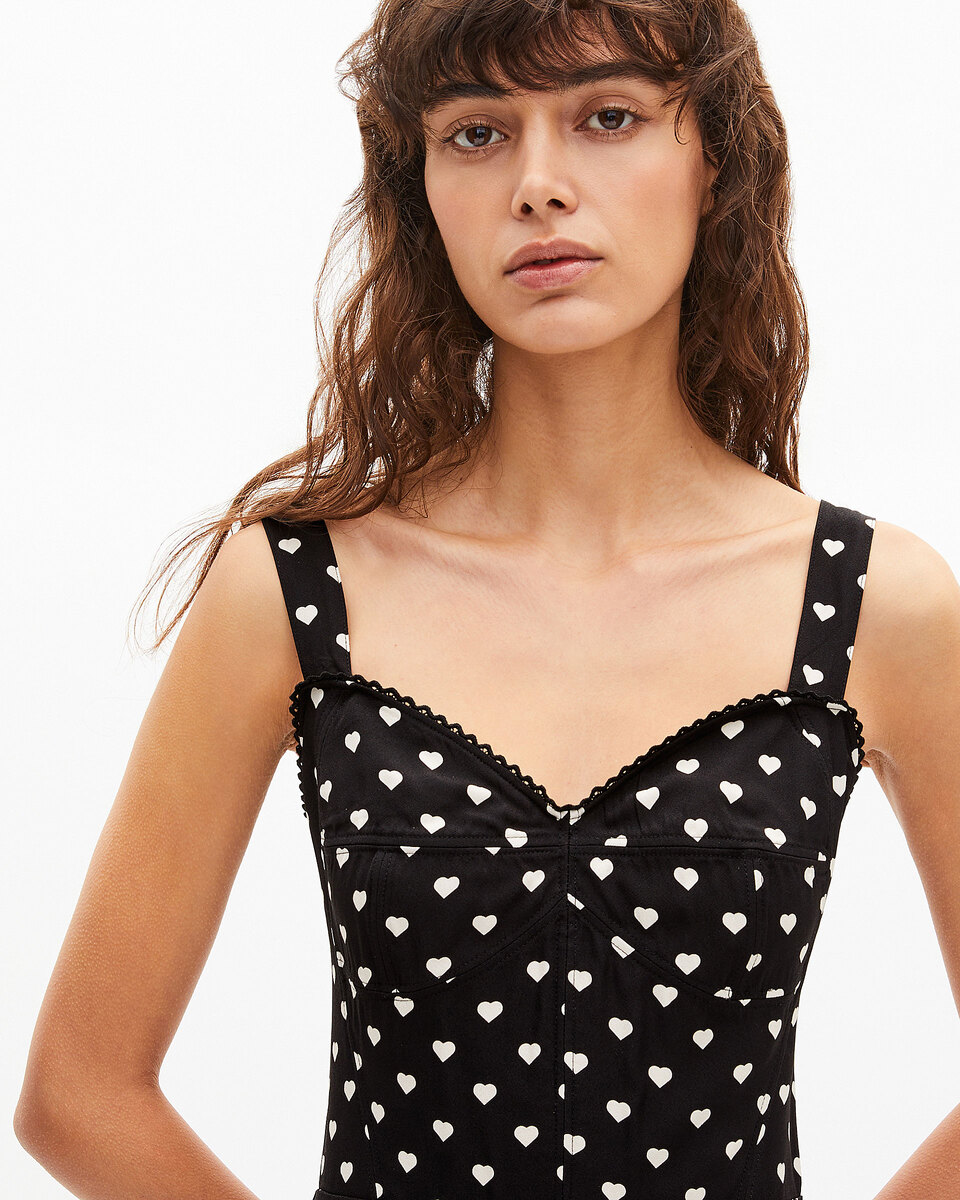 Black corset-effect short dress with heart print