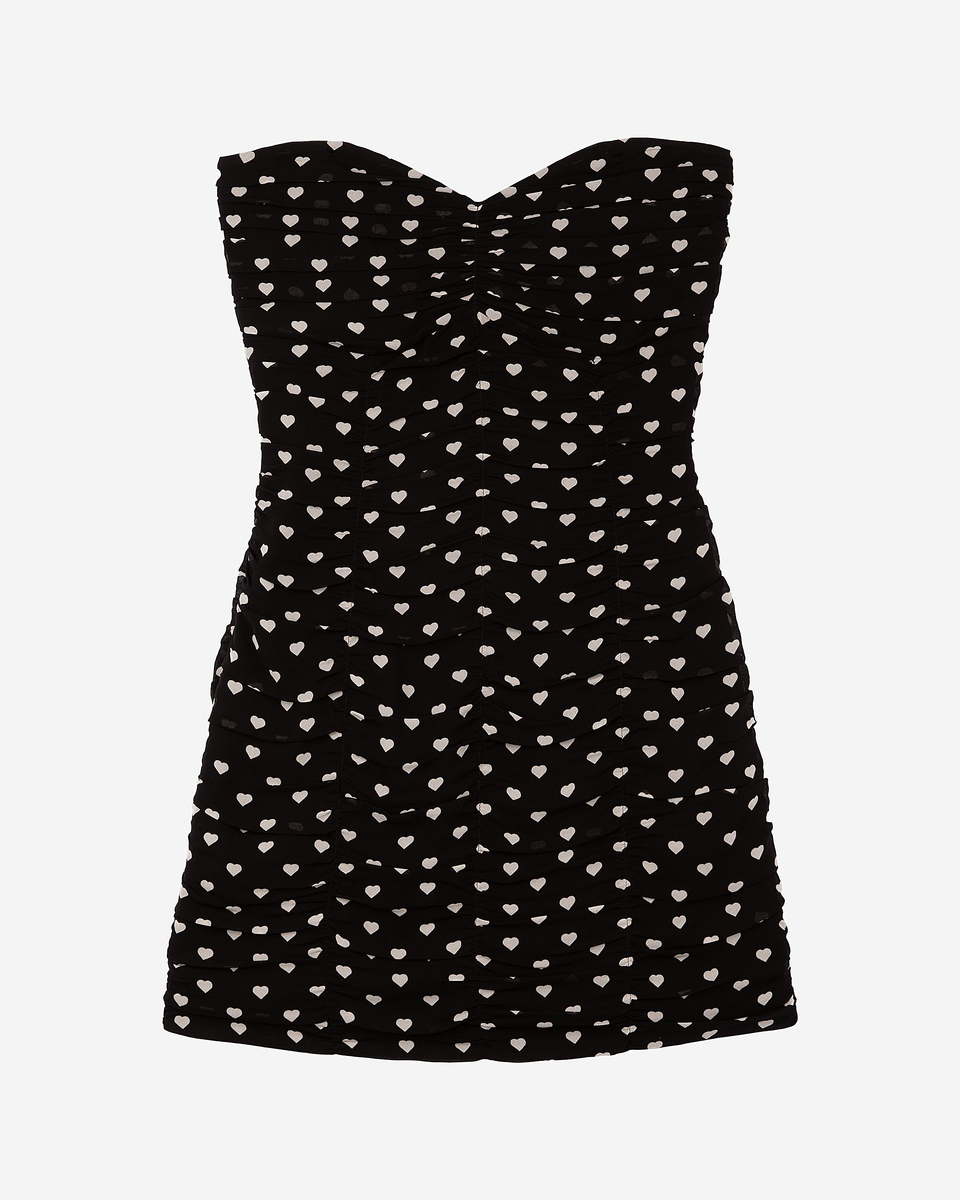 Short strapless black heart print dress