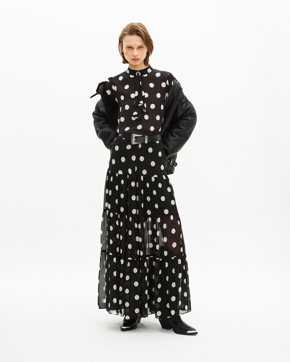 Black silk blend polka dot print top