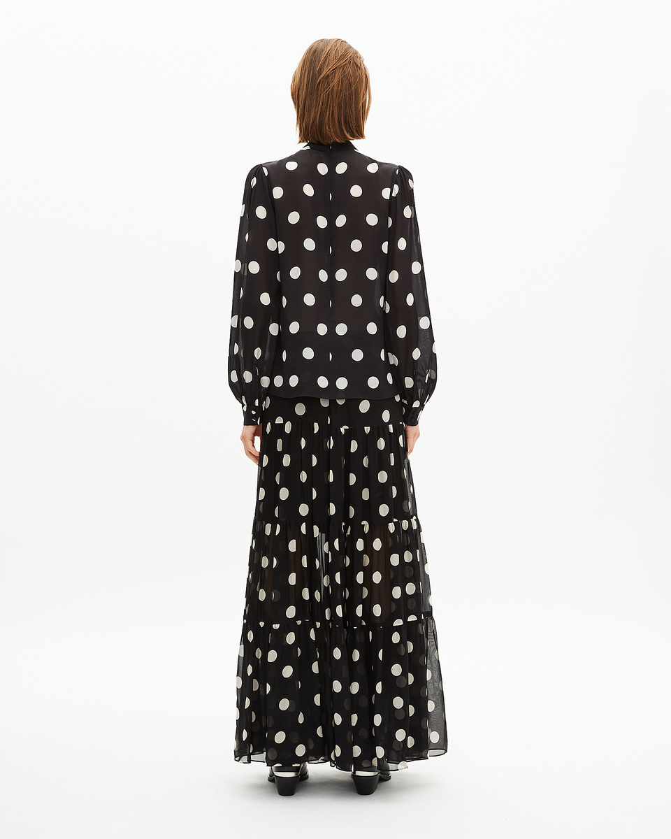 Black silk blend polka dot print top