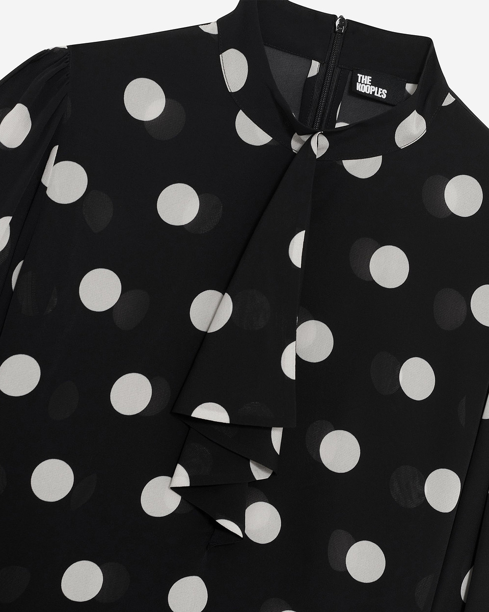 Black silk blend polka dot print top
