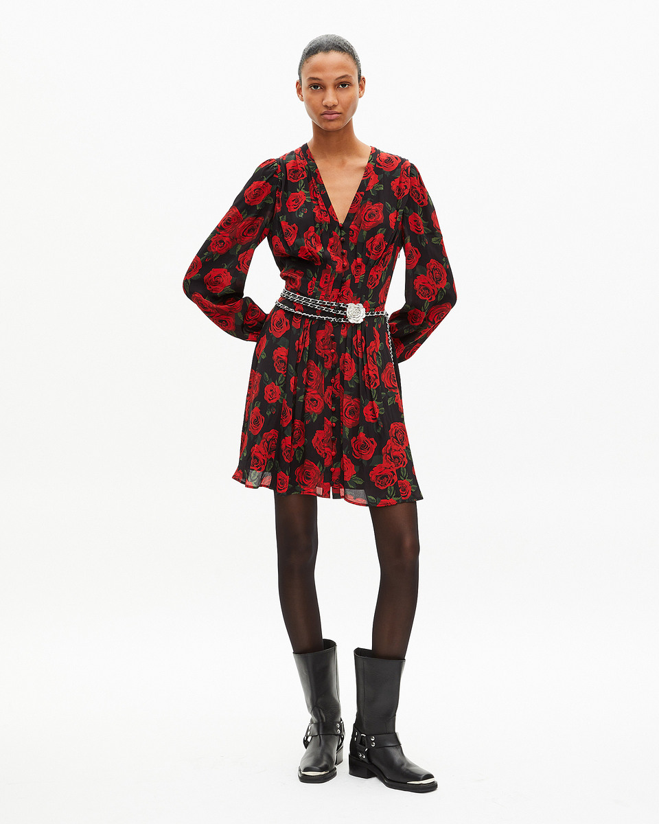 Red floral print short dress