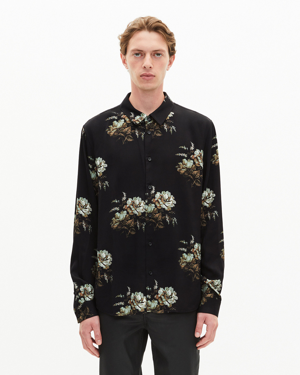 Green and black floral print shirt