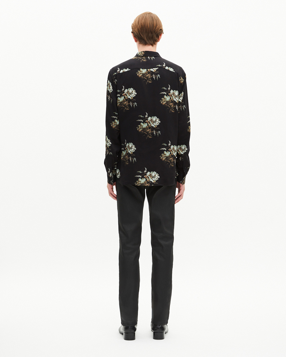 Green and black floral print shirt