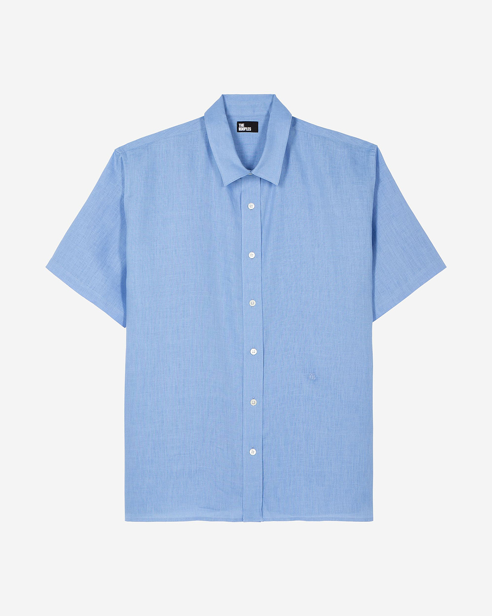 Short-sleeved blue linen shirt
