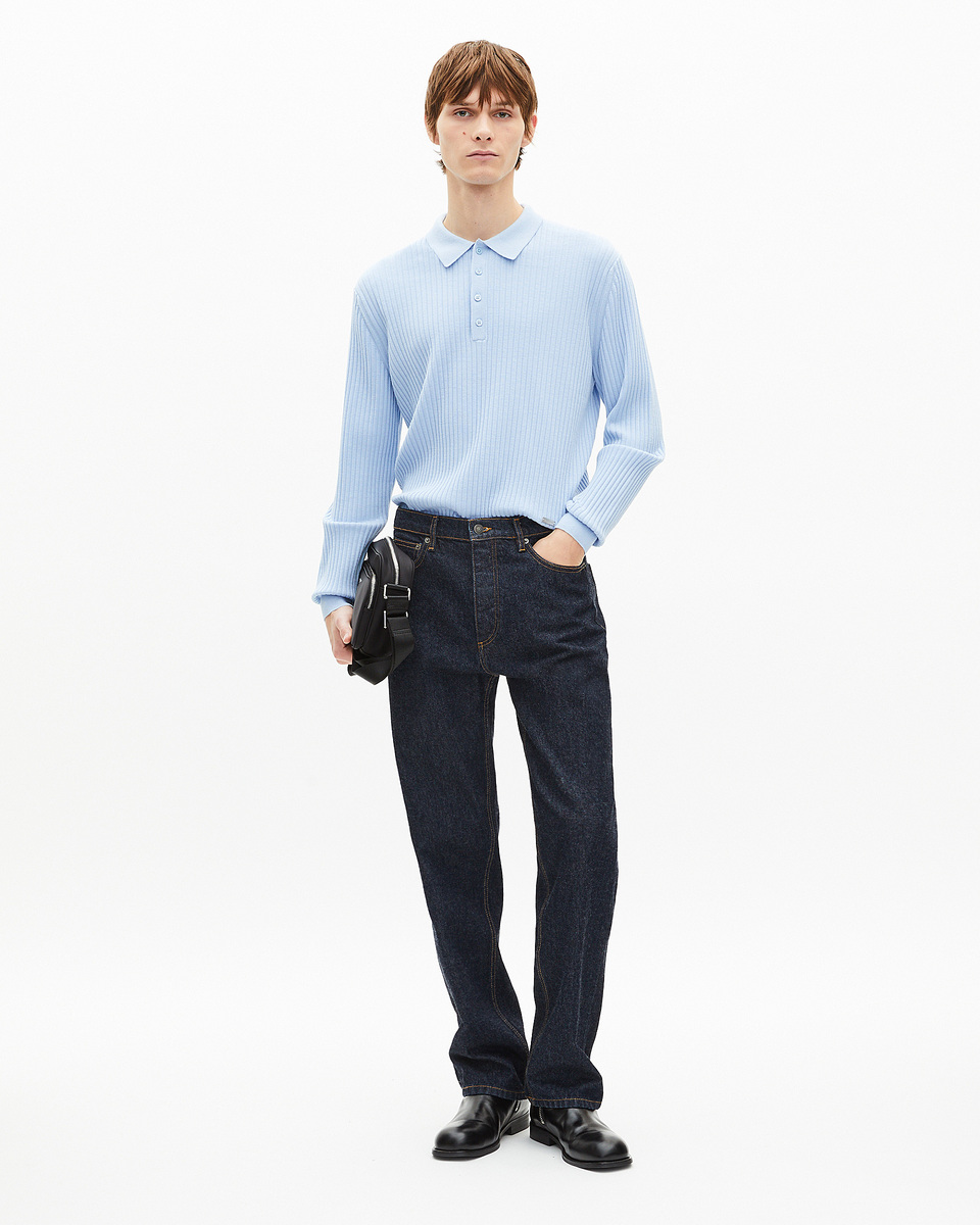 Blue merino wool polo-neck sweater