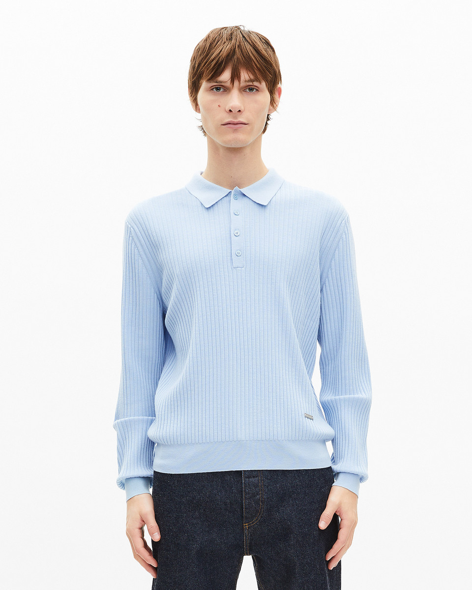 Blue merino wool polo-neck sweater