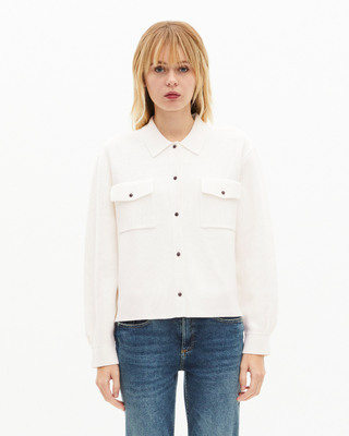 Cardigan in merino wool and ecru cotton