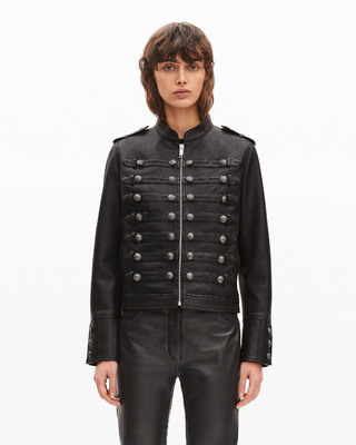 Black officer-style leather jacket