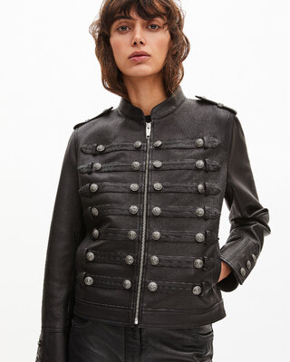 Black officer-style leather jacket