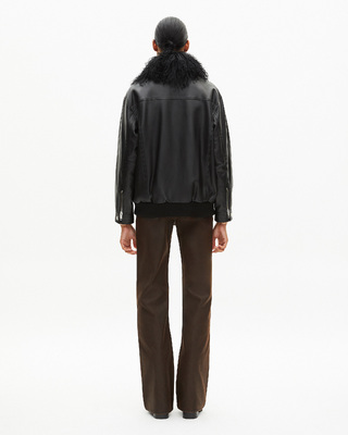Leather jacket with removable fur collar, black