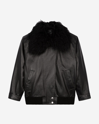 Leather jacket with removable fur collar, black