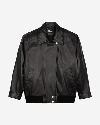 Leather jacket with removable fur collar, black