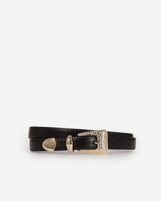 Black leather western buckle belt in gold with rhinestones