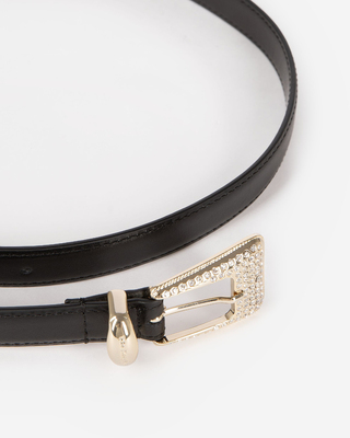 Black leather western buckle belt in gold with rhinestones